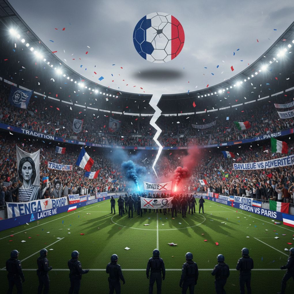 A cracked football featuring the French flag floating above a lightning bolt that splits the field in half