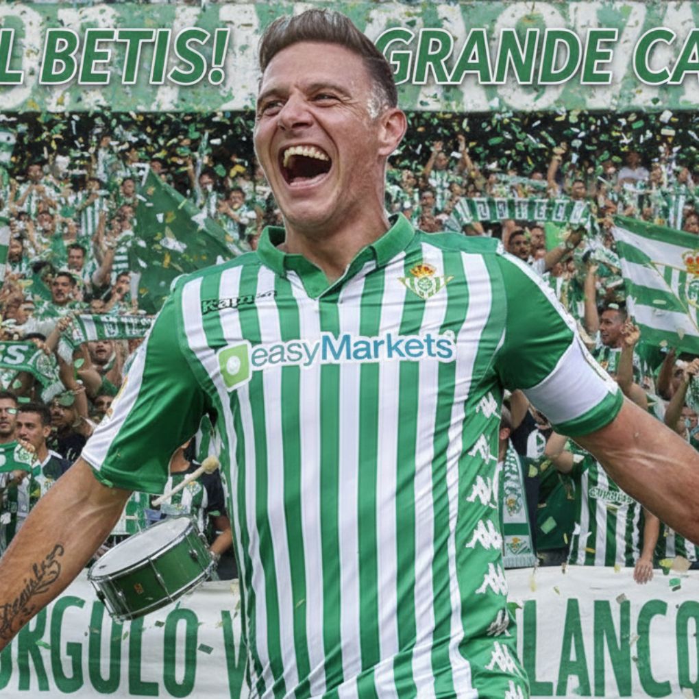 Real Betis club legend Joaquín celebrating in the iconic green-and-white striped jersey, surrounded by cheering fans