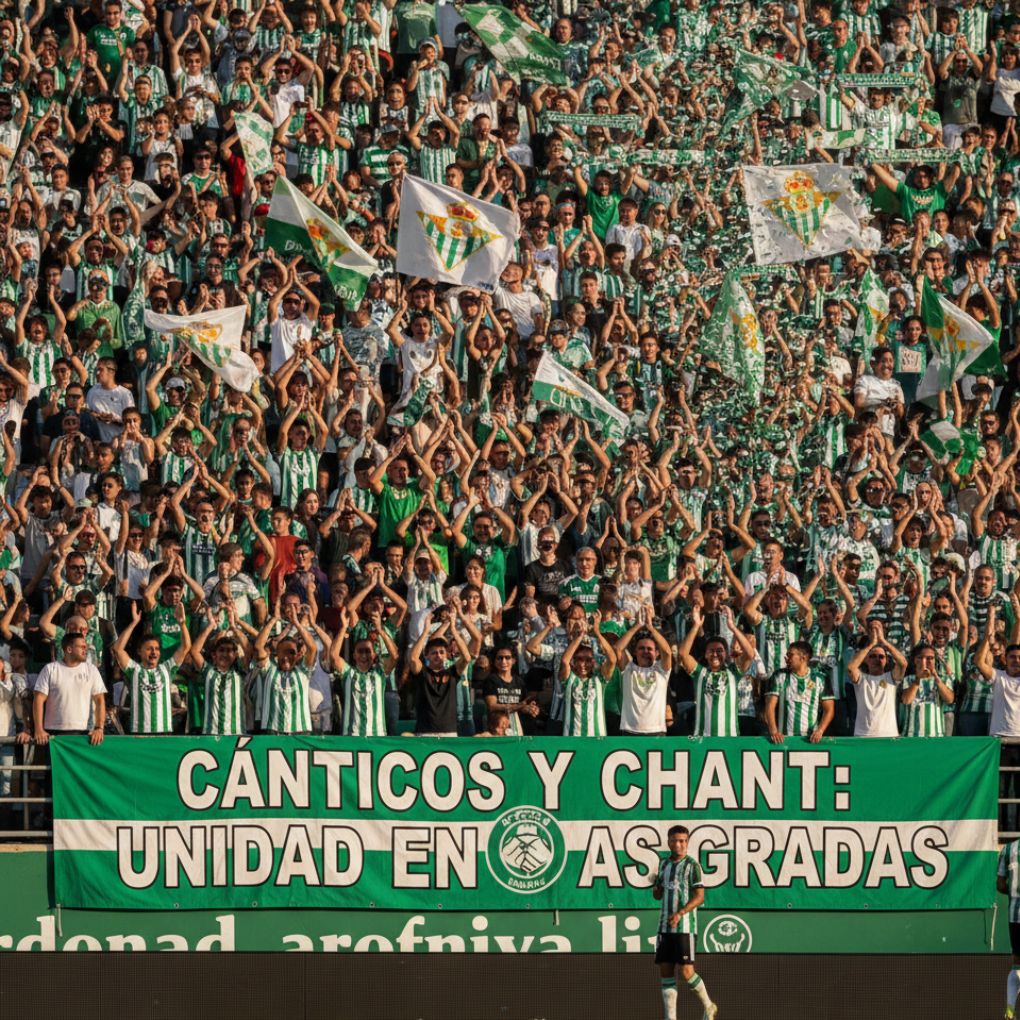 Packed stadium of fans holding scarves aloft, unfurling huge banners, and singing in unison.