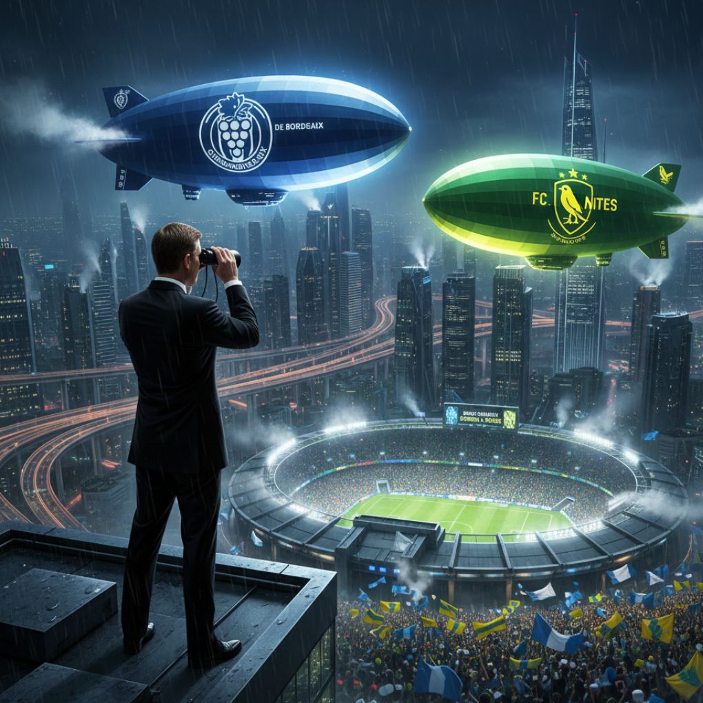 Two illuminated blimps float in the sky: a blue one for FC Bordeaux and a green one for FC Nantes.