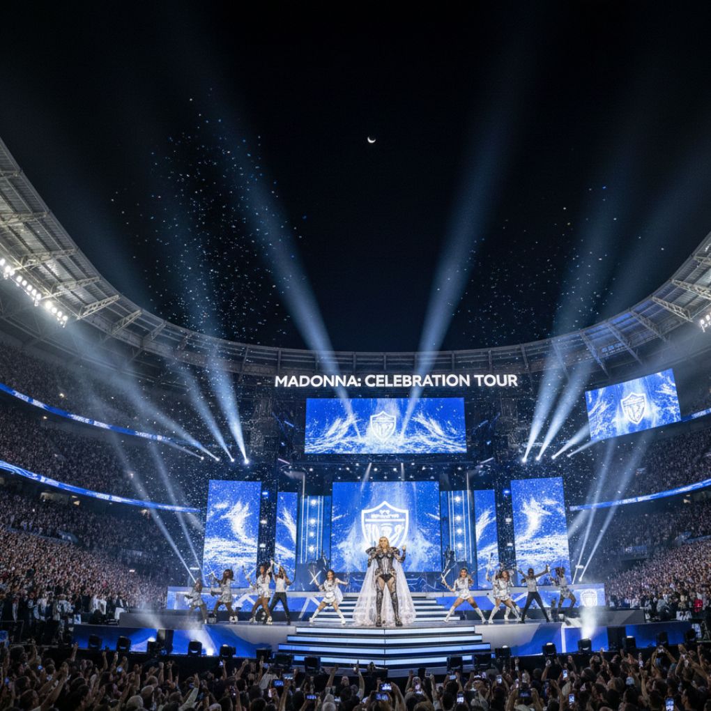Madonna performing on a large, lit stage at Abanca Balaídos during a stadium concert.