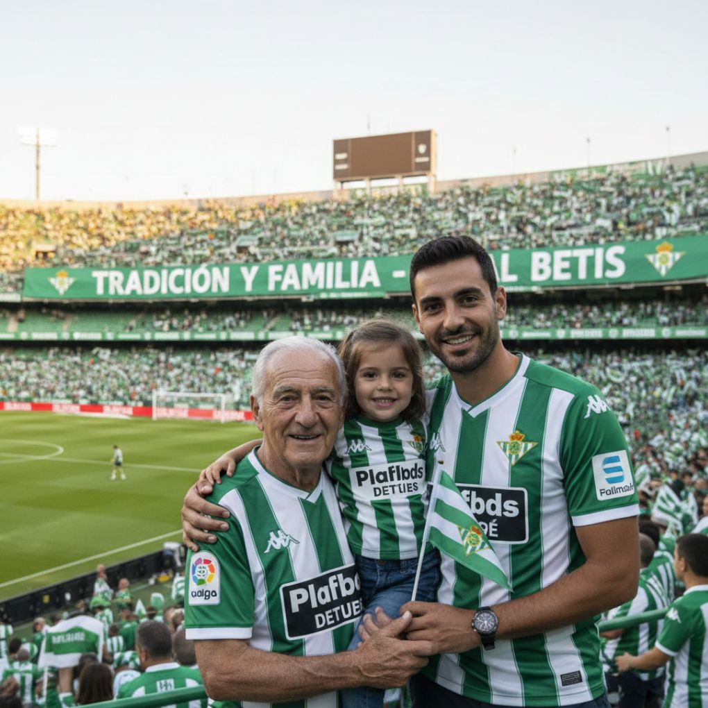 Children, grandchildren, and great-grandchildren of Real Betis fans demonstrating generational support for the club